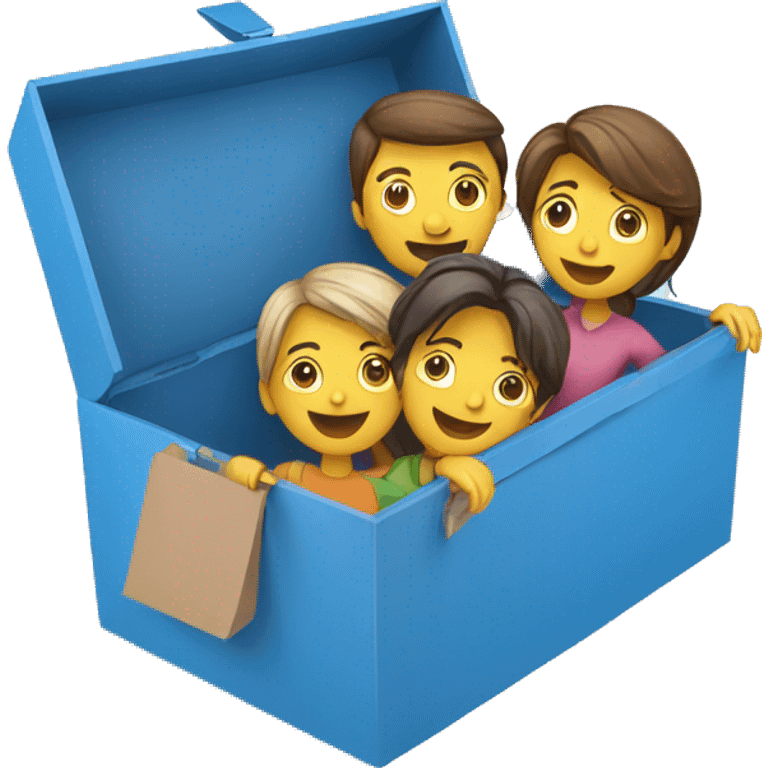 3 people in a blue cardboard box with temperature display emoji