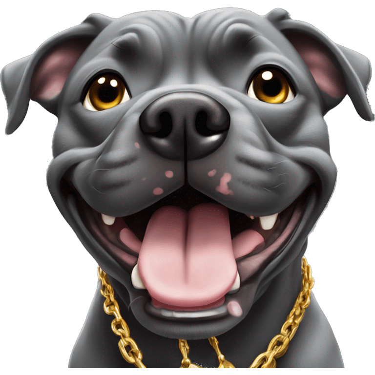 dark gray american staffie dog doing a selfie and sticking toungur out very happy rich with gold chain emoji