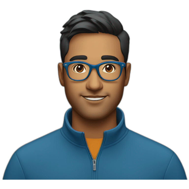 29 year oldindian tech founder clean shaven in blue quarter zip with tortoise glasses emoji