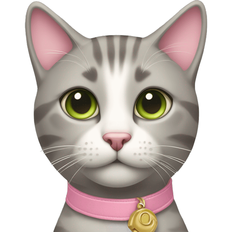 grey and tan cat with cream pattern on her forehead. Pink collar with pink bell.  Green eyes and a pink nose emoji