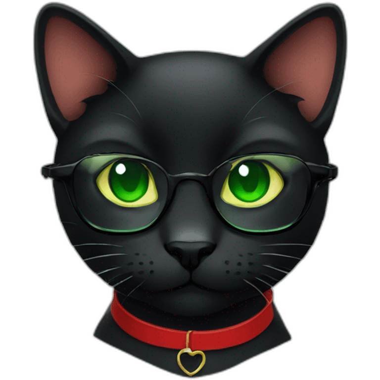 Black cat with glasses and red choker and green eyes emoji