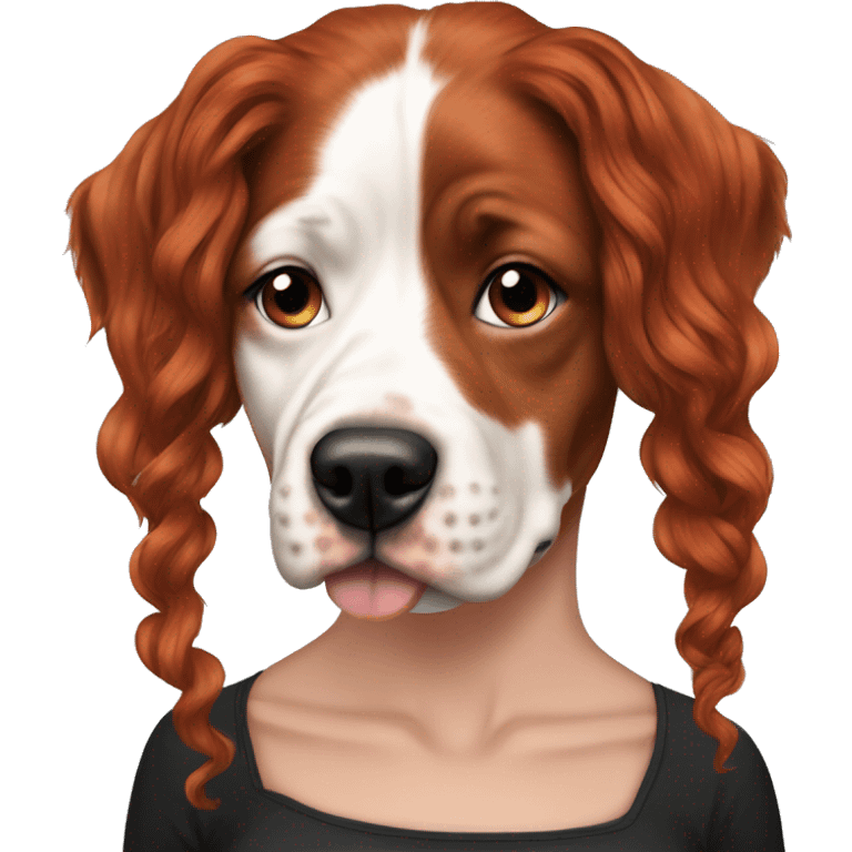 Long Red haired woman with septum piercing holding black and white English Staffordshire dog emoji