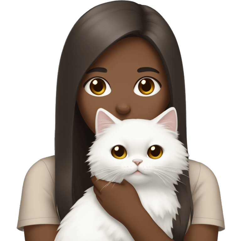 Dark brown straight hair girl with holding fluffy Siberian white cat  emoji