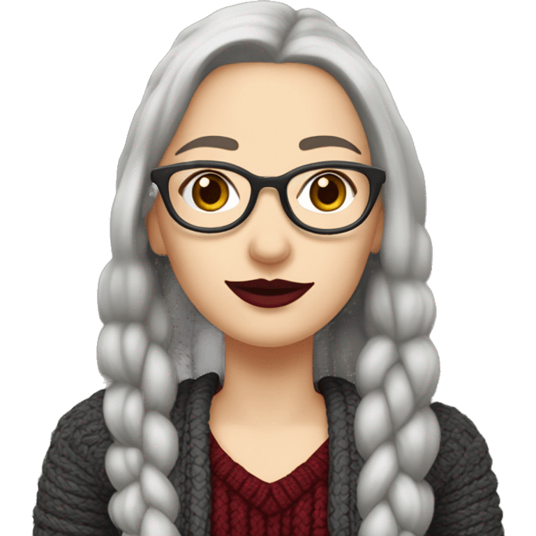 Attractive Caucasian woman with long straight grey hair worn in a braid, wearing wire frame glasses, dark red lipstick, and a sweater, she has a slightly upturned nose emoji