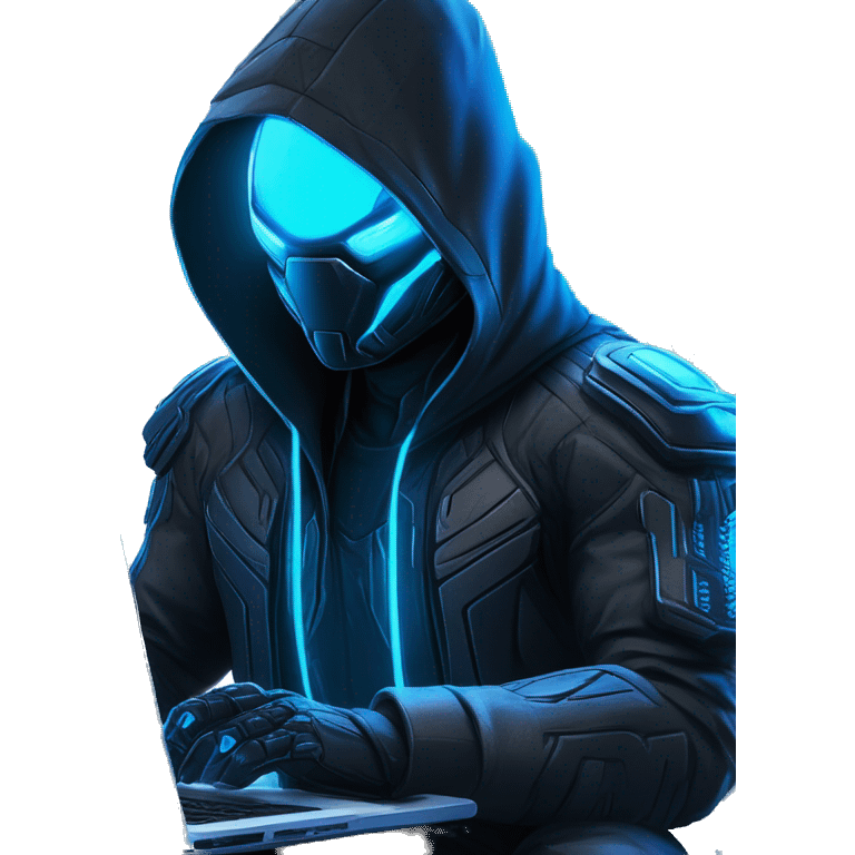 developer behind his laptop with this style : crysis Cyberpunk Riot Games Valorant neon glowing bright blue character blue black hooded assassin themed character emoji