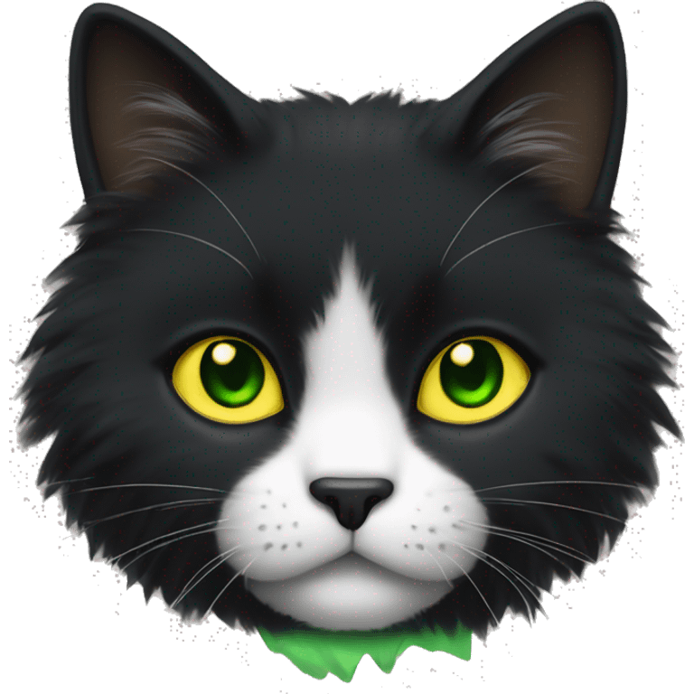 A black fluffy cat with green-yellow goaz and a white chin emoji