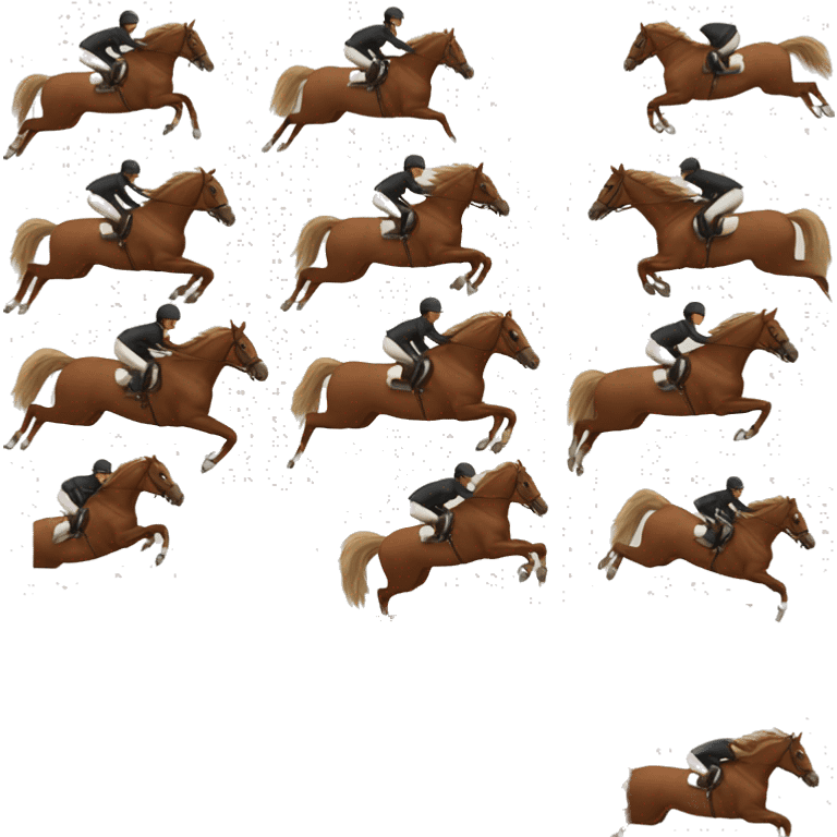 Brown horse jumping over jump with blind rider emoji