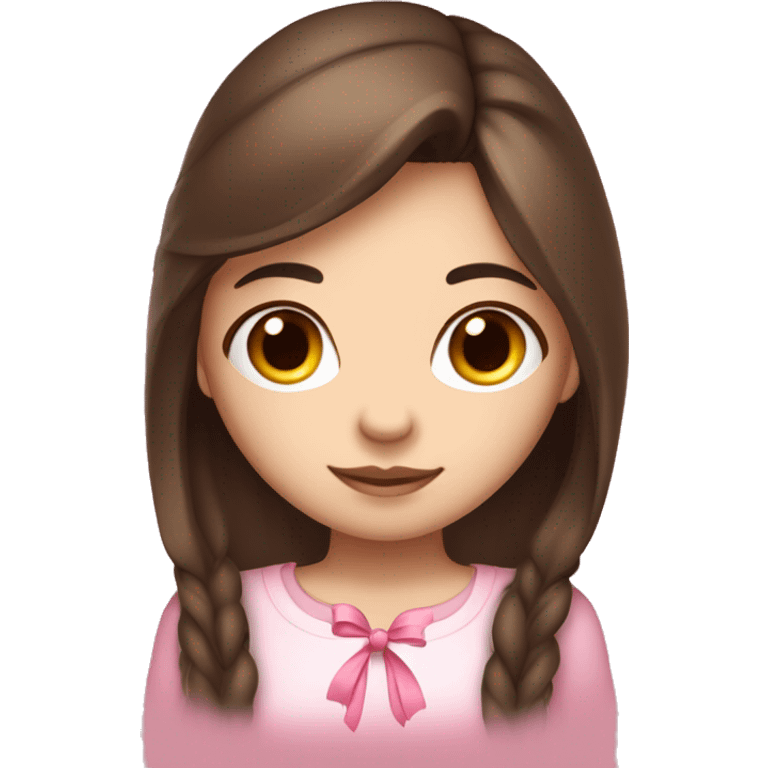 cute girl with dark long straight brown hair with pink bow in hair on the side white skin tone and pink shirt emoji