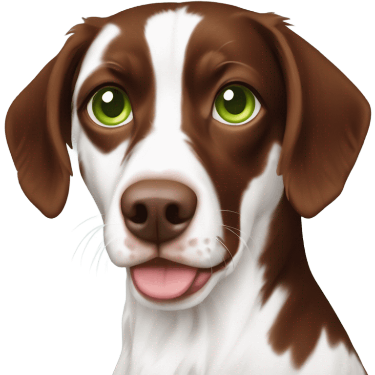 Dark brown and white Brittany spaniel with green eyes  emoji