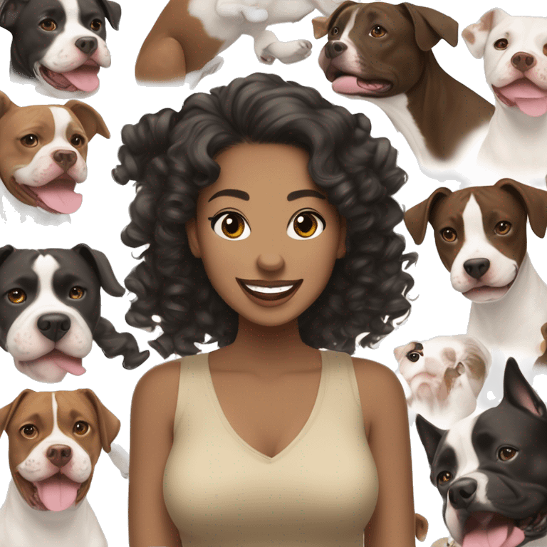 light skin woman with curly black hair expressing joy alongide a brown and white colored pitbull emoji