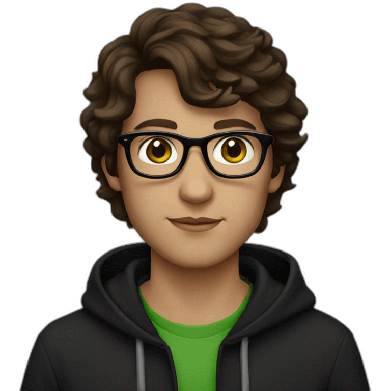 green eyes, black hoodie, black glasses, brown hair emoji