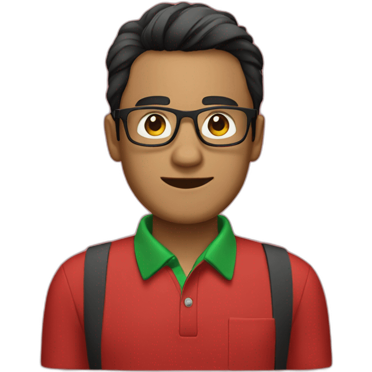 Man with black hair and glasses wearing red shirt with green polo collar emoji