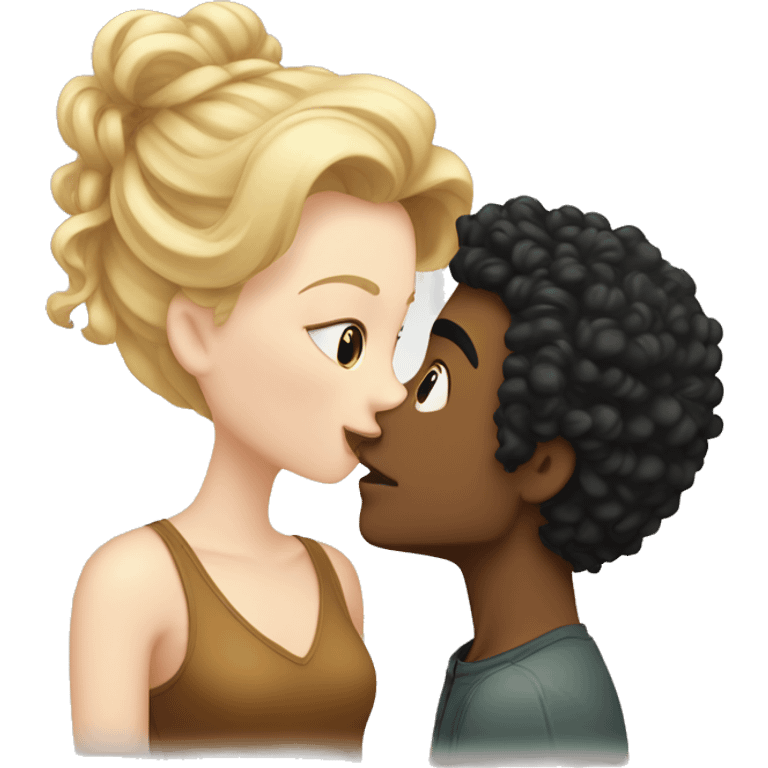 A blonde girl with pale skin kisses a light-skinned brown guy with curly black hair emoji