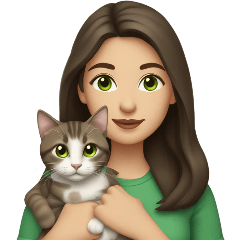 Caucasian woman with long dark brown hair and brown eyes holding a tabby cat with green eyes emoji