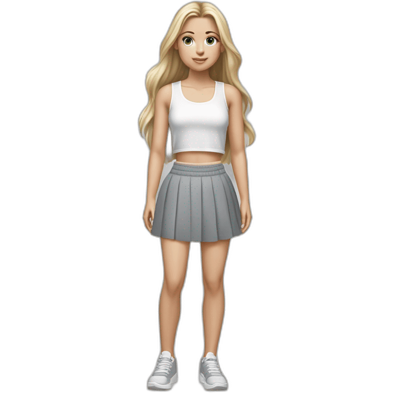 hyperrealist caucasian girl, long straight blonde hair, white sheer laced crop tanktop, grey micro skirt, grey and white sneakers emoji