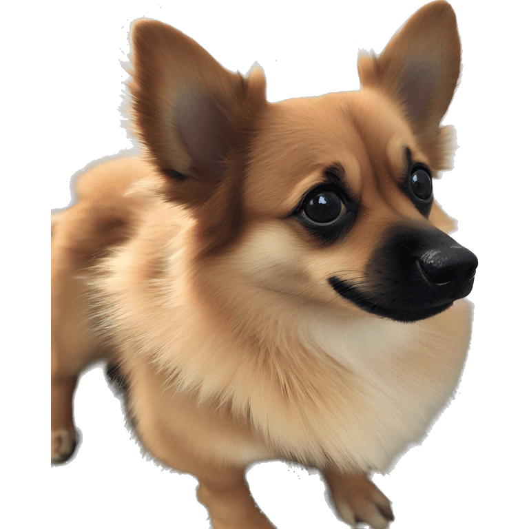 dark brown corgi Chihuahua Pomeranian mix with black fluff around nose less fluff ￼ emoji