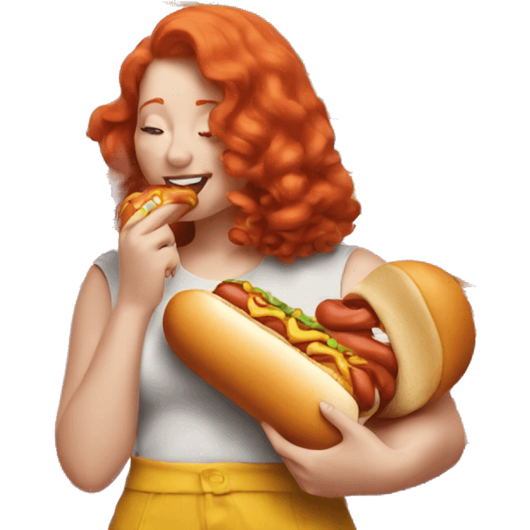 Curvy redhead eating hotdog emoji