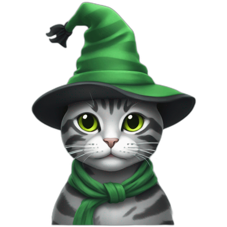 Grey stripped cat with green coat and black Witch hat emoji