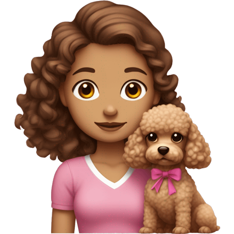 Girl with long brown curly hair white skin brown eyes with a bow in her hair wearing a pink shirt and jeans holding a small poodle that is brown  emoji