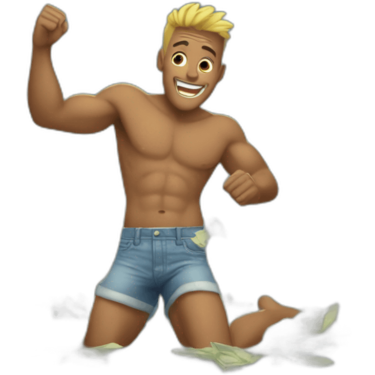 Shirtless guy dancing under raining money  emoji