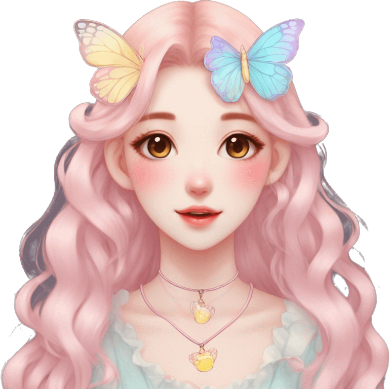 Gorgeous pastel anime style lady with blushing face and butterfly wings necklace cottagecore fairycore pastelcore colorful pearly romantic simplistic aesthetic trending style emoji