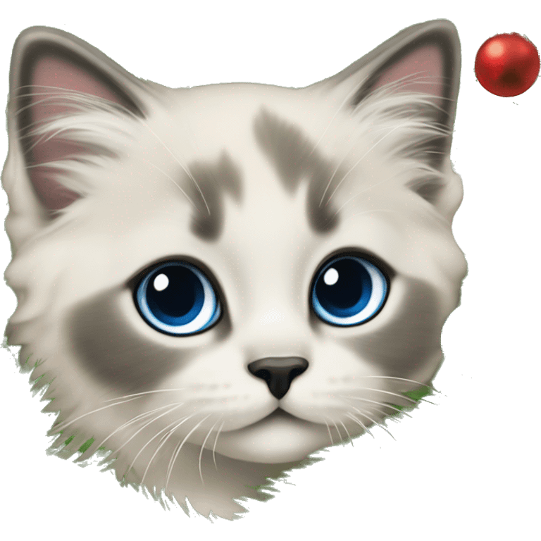 Blue colorpoint ragdoll kitten with dark nose climbing a Christmas tree emoji