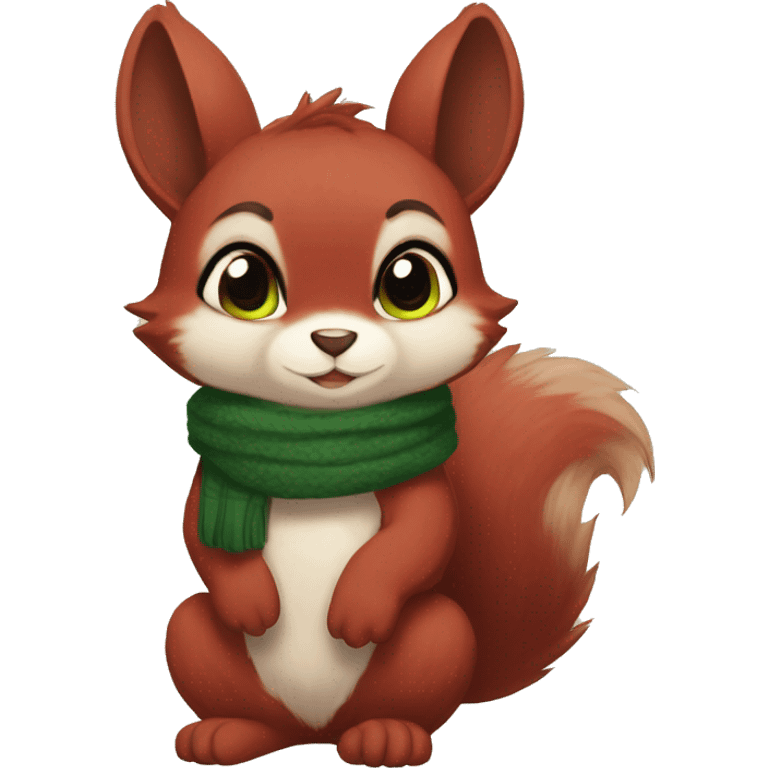 Cute, Chibi, Kemono-style, Anthro, Fur-Sona, Dark-Red, Squirrel-Rabbit-hybrid-Fakémon, with a green scarf, full body emoji