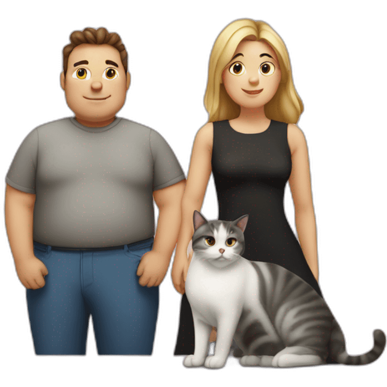 Family photo a fat husband and a woman and them two cats one white and second is black emoji