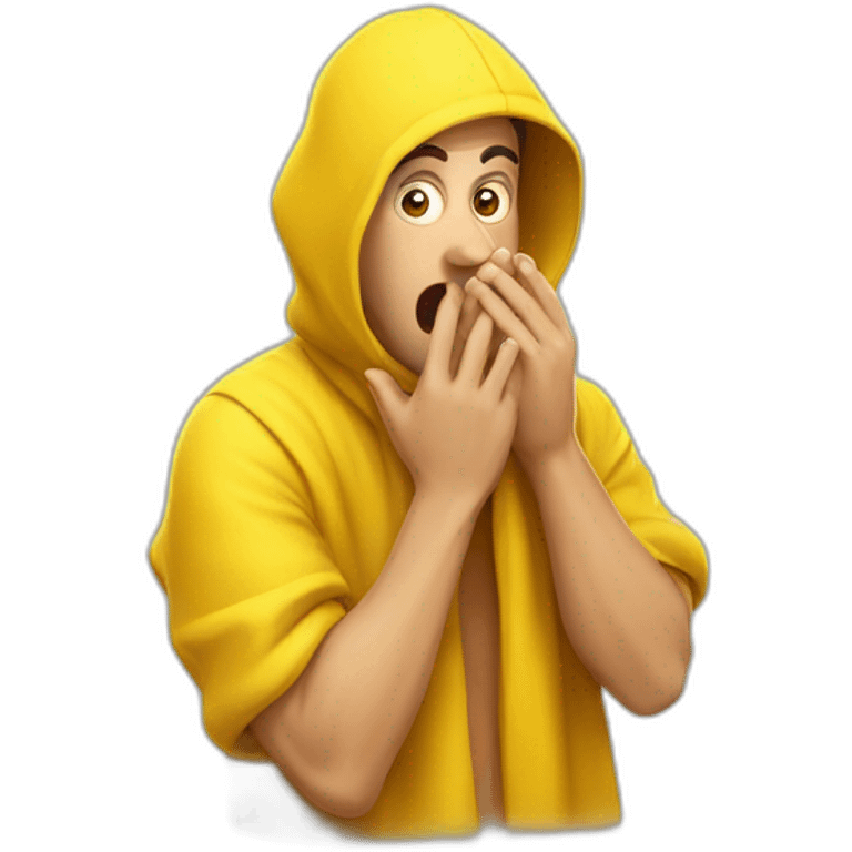 guy in a yellow cloths is shocked, covering his mouth with  hand emoji