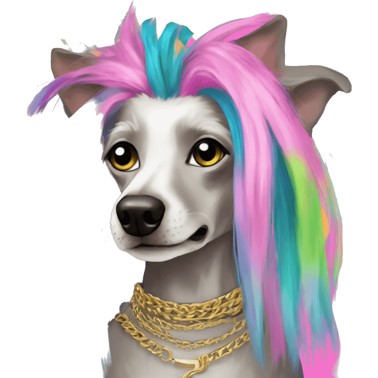 Punk Chinese crested dog neon rainbow hair gold chain punk piercings tattoos punk ear piercings emoji