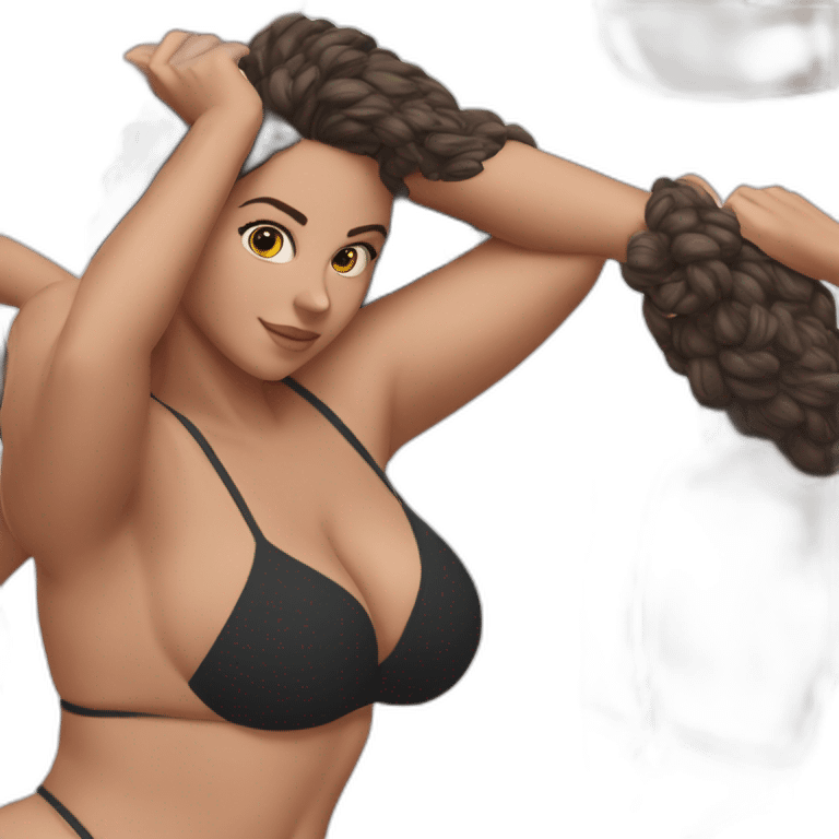 Slim-thicc Caucasian woman bikini hands in hair pose (beach body) emoji