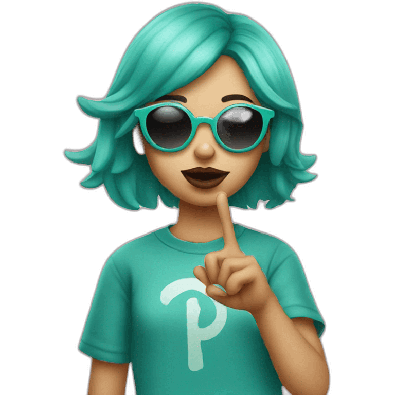 teal haired girl in sunglasses pursing lips and holding up two fingers in peace sign emoji