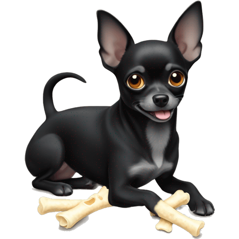 Black Chihuahua dog chewing a bone in his paws a emoji