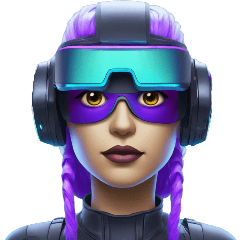 Secret humanoid agent in a futuristic hat with in Apple VR goggles headset code display on the goggles , cyberpunk, cyan and purple colors, only upper body portrait, front facing the camera  emoji