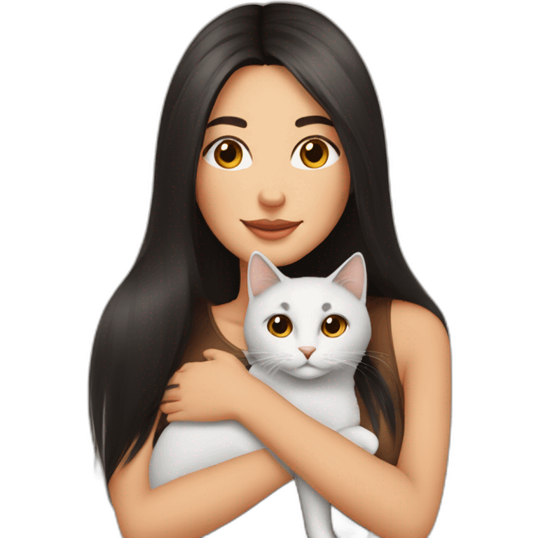 beautiful woman with dark long straight hair and brown eyes hugs a cat  emoji