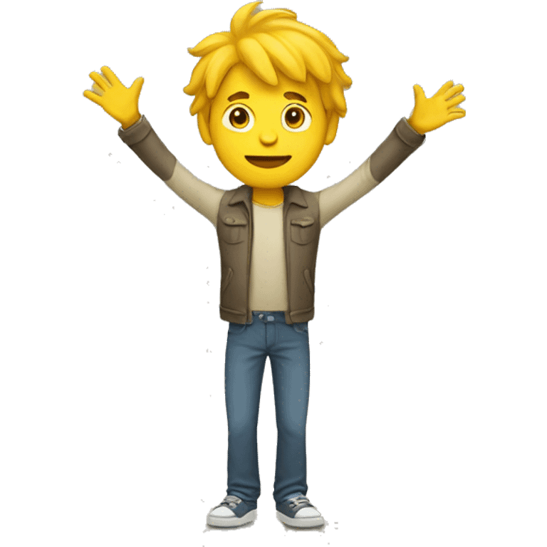 Yellow man with hair (full body) (hands raised) emoji