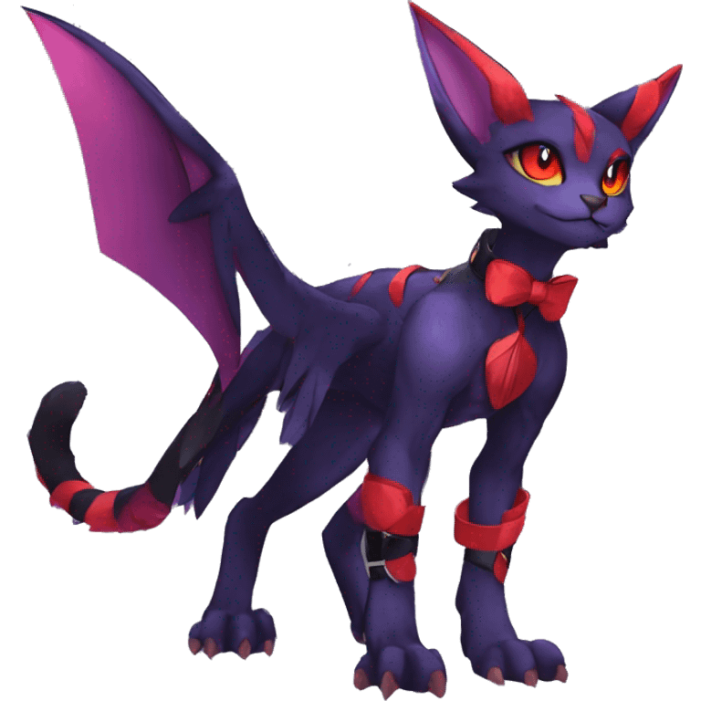 cool anthro edgy black purple red ethereal fantasy nargacuga-Noivern-cat-Fakemon collar harness bow tie and bracers full body emoji