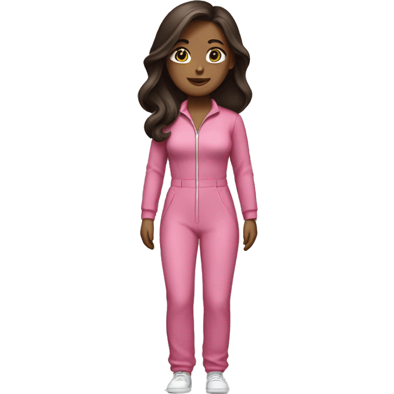 Woman dark straight brown hair  pink  full body jumpsuit flying emoji