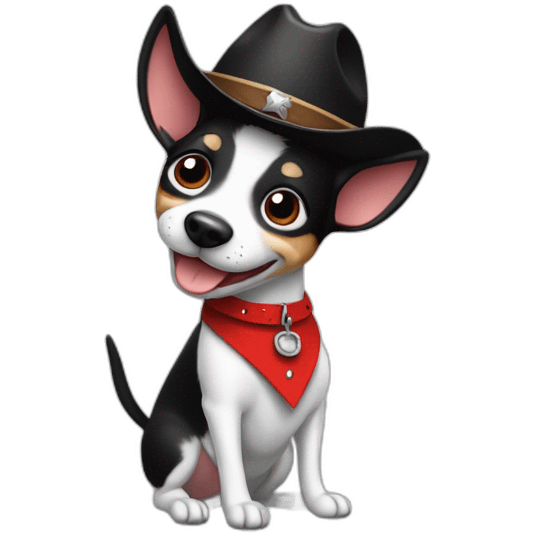 senior rat terrier wearing a cowboy hat and red collar smiling no brown (black and white) thumbs up emoji