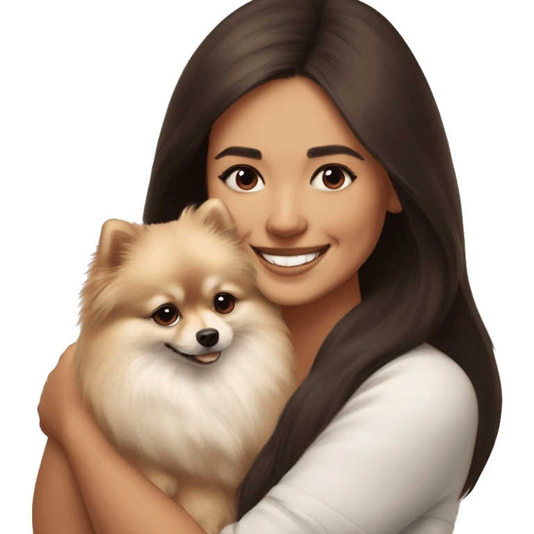 beige and white Pomeranian in the hands of a white young woman with dark brown hair smiling and cuddling the dog  emoji