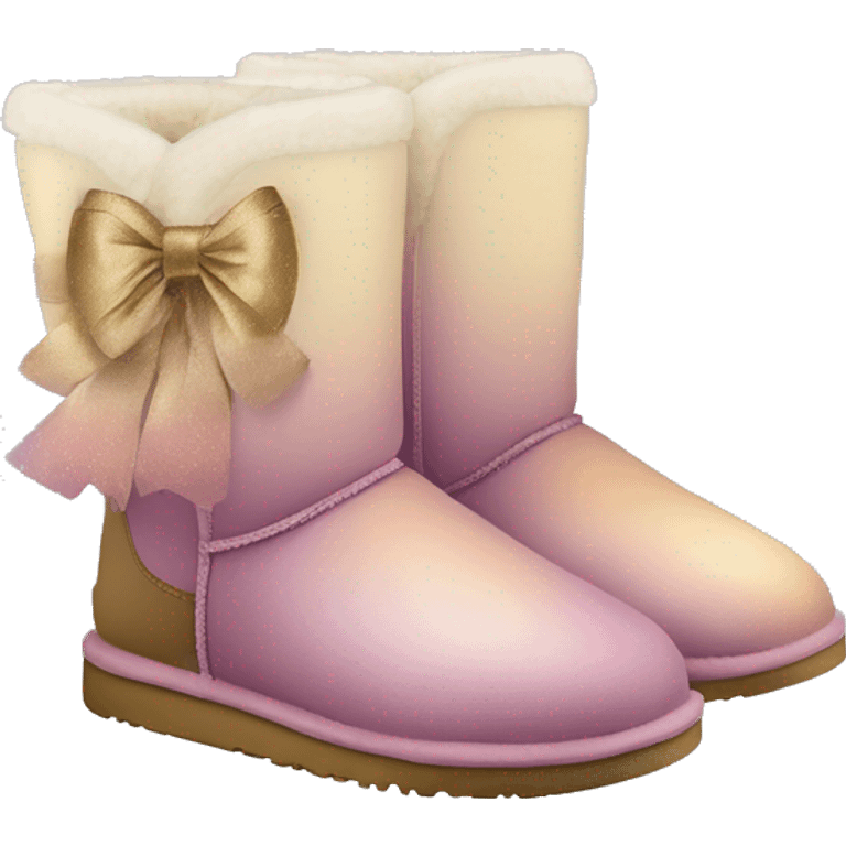 Realistic pair of mauve to light gold ombre Ugg fur boots with silk ribbon bows. emoji