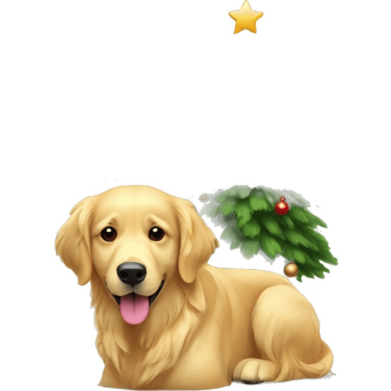 christmas golden retriever with christmas tree  emoji