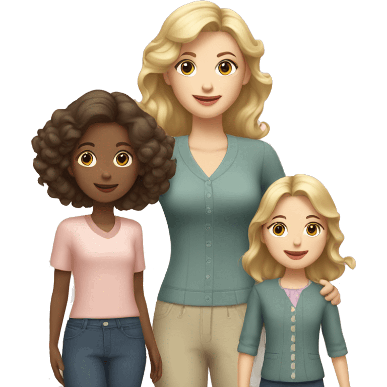 Mom with dark blond hair and vintage clothes with two daughters with light blonde and dark blonde hair emoji