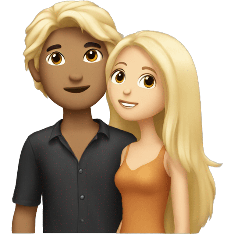 Pretty blonde girl kissing tan guy with long black hair emoji