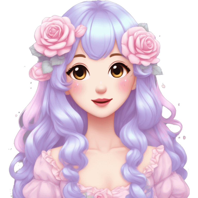 Gorgeous pastel anime style lady with blushing face and roses cottagecore fairycore pastelcore shiny colorful pearly aesthetic trending style emoji