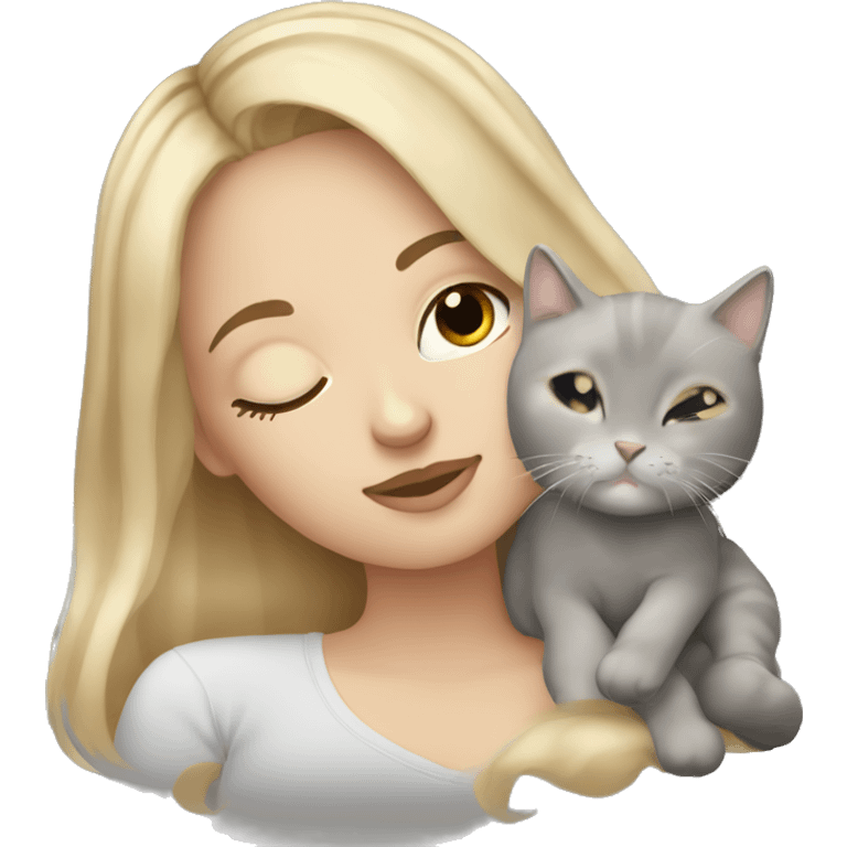 White girl dirty blonde hair sleeping with grey and white kitty emoji