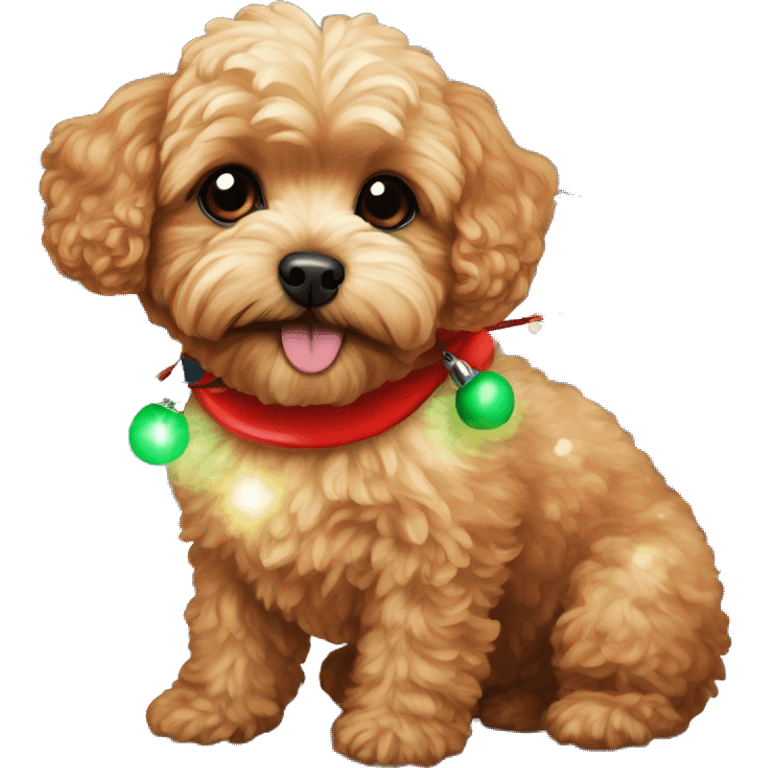 Red maltipoo with Christmas lights decorated around its neck emoji