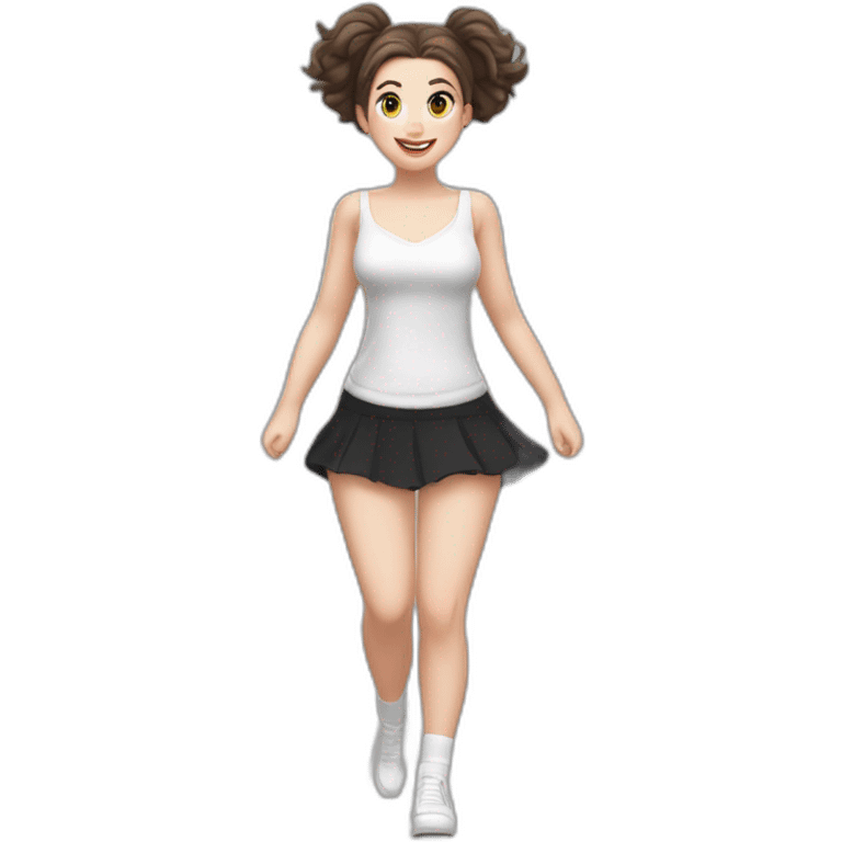 realistic full body caucasian curvy beauty jumping short black skirt back and front views strong wind white knickers long white socks emoji