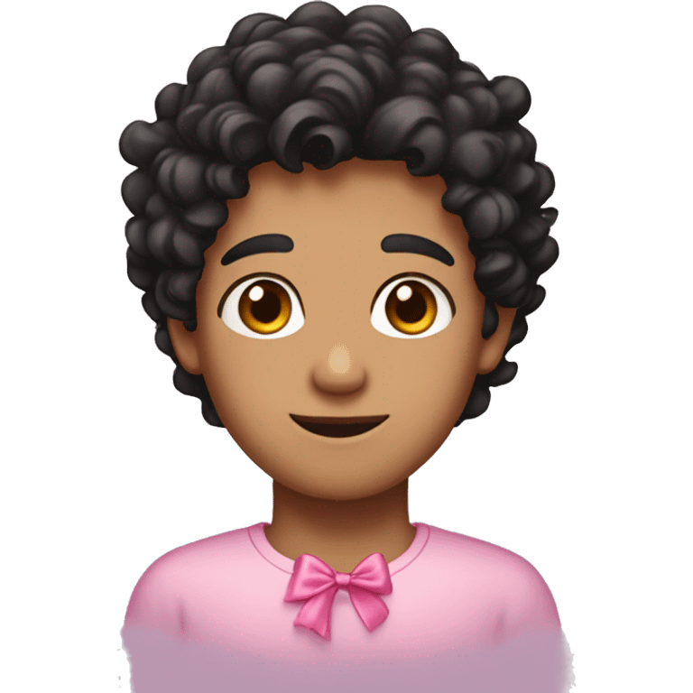 emoji of a boy with black curly hair and brown eyes with a pink bow emoji on the top right of his head emoji