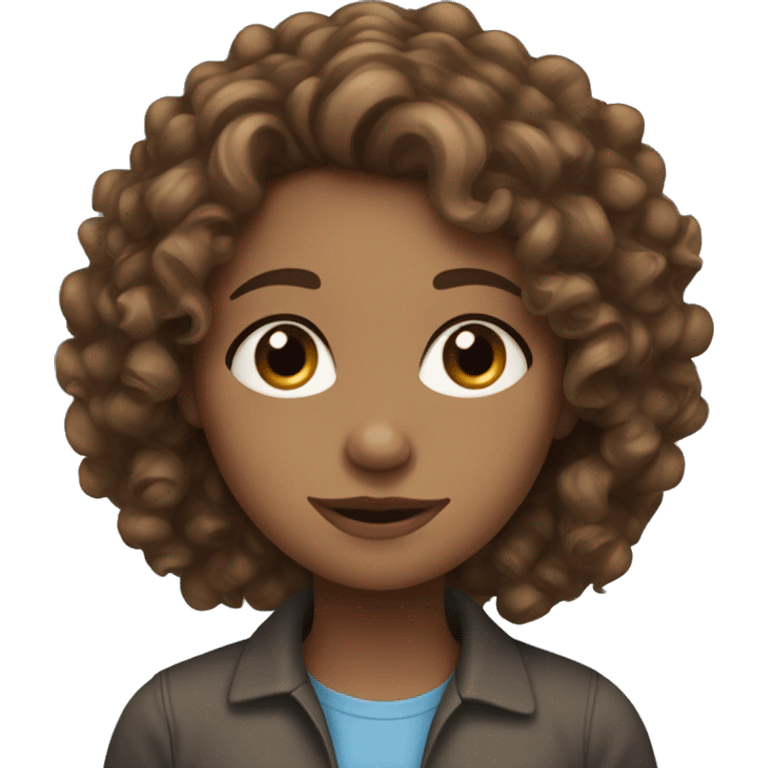 Curly girl with brown hair and blue eyes, who works in IT-company  emoji